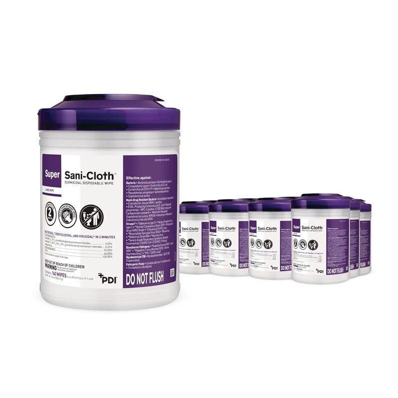 PDI Super Sani-Cloth Germicidal Disposable Wipe, Hospital Grade Disinfection, 160 Large 6" x 6.75" Wipes Each, Case of 12 Canisters - Image 1
