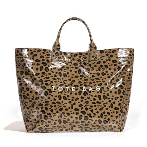 Lushandy PVC Tote Bag for Women Trendy Plastic Tote Bag Letters Print Hobo Handbag Large Canvas Carry All Bag, Brown Leopard - Image 1