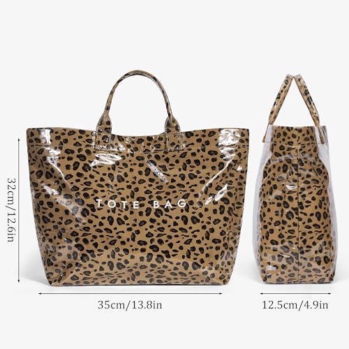 Lushandy PVC Tote Bag for Women Trendy Plastic Tote Bag Letters Print Hobo Handbag Large Canvas Carry All Bag, Brown Leopard - Image 5