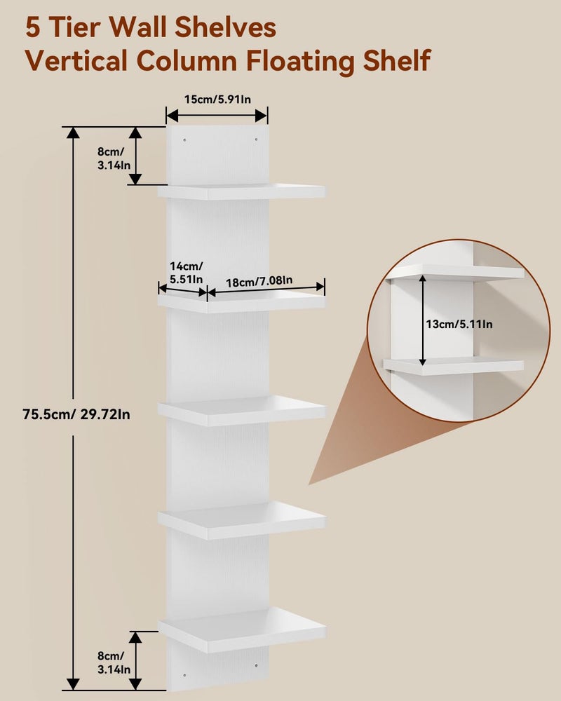 IBUYKE 5-Tier Modern Wall-Mounted Shelf, White Vertical Shelf, Floating Storage, Organizer, Tall Tower Design, Decorative Wall Mount Shelving for Home, Bedroom, Living Room, Office Decor WBC009W-2 - Image 2