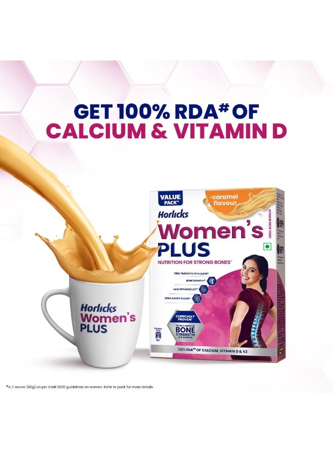 هورليكس عبوة إعادة تعبئة مشروب "هورليكس وومنز بلس" (Horlicks Women's Plus) بنكهة الكراميل (400 جم) - تغذية لعظام قوية توفر 100% من الاحتياج اليومي للكالسيوم وفيتامين "د" - بدون سكر مضاف. - Image 2