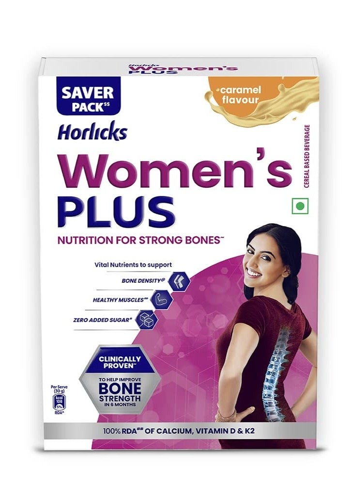 هورليكس عبوة إعادة تعبئة مشروب "هورليكس وومنز بلس" (Horlicks Women's Plus) بنكهة الكراميل (400 جم) - تغذية لعظام قوية توفر 100% من الاحتياج اليومي للكالسيوم وفيتامين "د" - بدون سكر مضاف. - Image 1