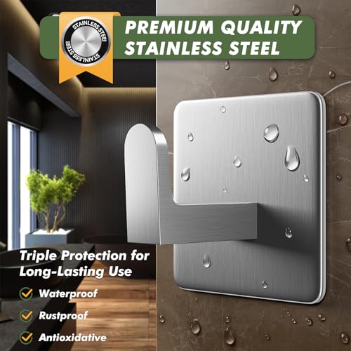 Auxmir Adhesive Hooks 15lb(Max) Towel Hooks, 5 Pack No Drilling Damage Free Wall Hooks, Thicken SUS304 Stainless Steel for Coat Robe, Waterproof Oilproof Rustproof for Bathroom Kitchen Office, Silver - Image 3
