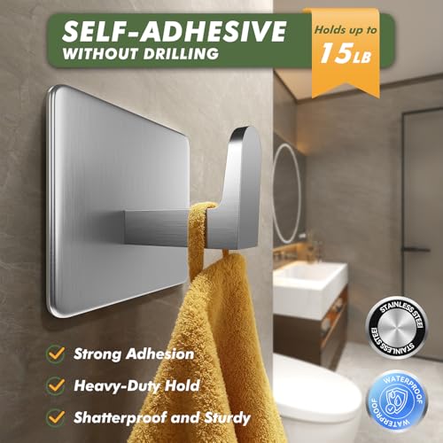 Auxmir Adhesive Hooks 15lb(Max) Towel Hooks, 5 Pack No Drilling Damage Free Wall Hooks, Thicken SUS304 Stainless Steel for Coat Robe, Waterproof Oilproof Rustproof for Bathroom Kitchen Office, Silver - Image 2