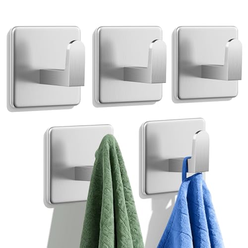 Auxmir Adhesive Hooks 15lb(Max) Towel Hooks, 5 Pack No Drilling Damage Free Wall Hooks, Thicken SUS304 Stainless Steel for Coat Robe, Waterproof Oilproof Rustproof for Bathroom Kitchen Office, Silver - Image 1