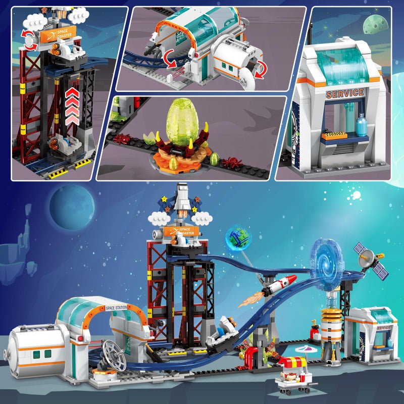 أطفال الهوغوز Hogokids Space Roller Coaster Building Toy - 888pcs Coaster Building Tet ميزات منصة رفع الأقمار الصناعية الصاروخ الصاروخ - Image 3