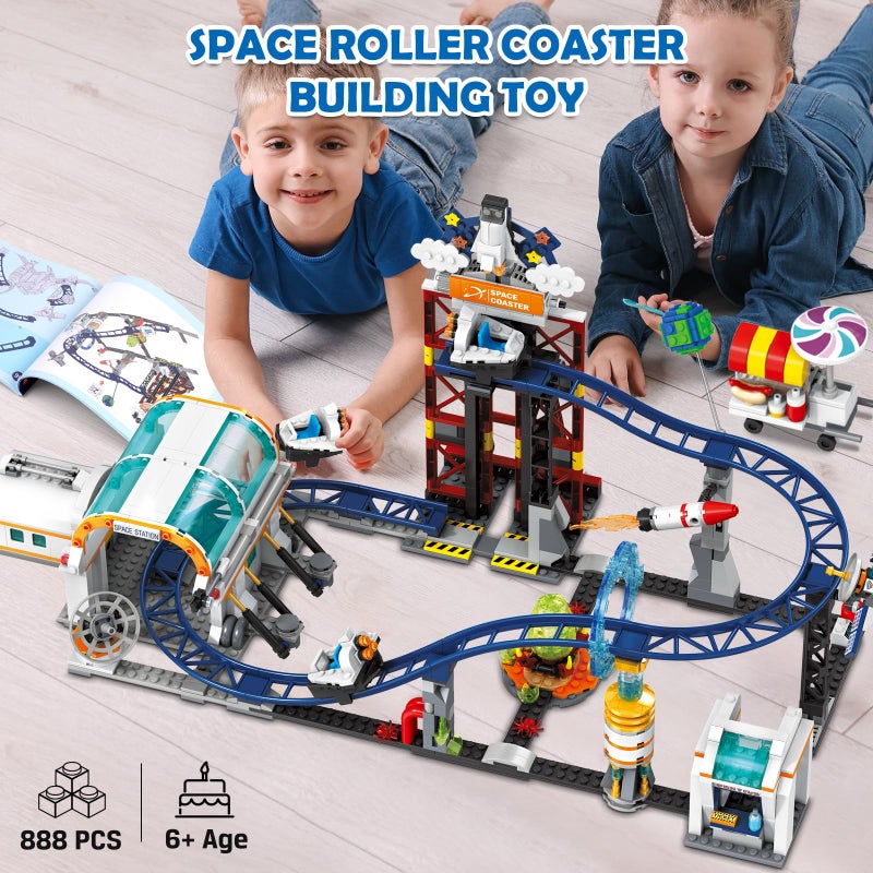 أطفال الهوغوز Hogokids Space Roller Coaster Building Toy - 888pcs Coaster Building Tet ميزات منصة رفع الأقمار الصناعية الصاروخ الصاروخ - Image 2