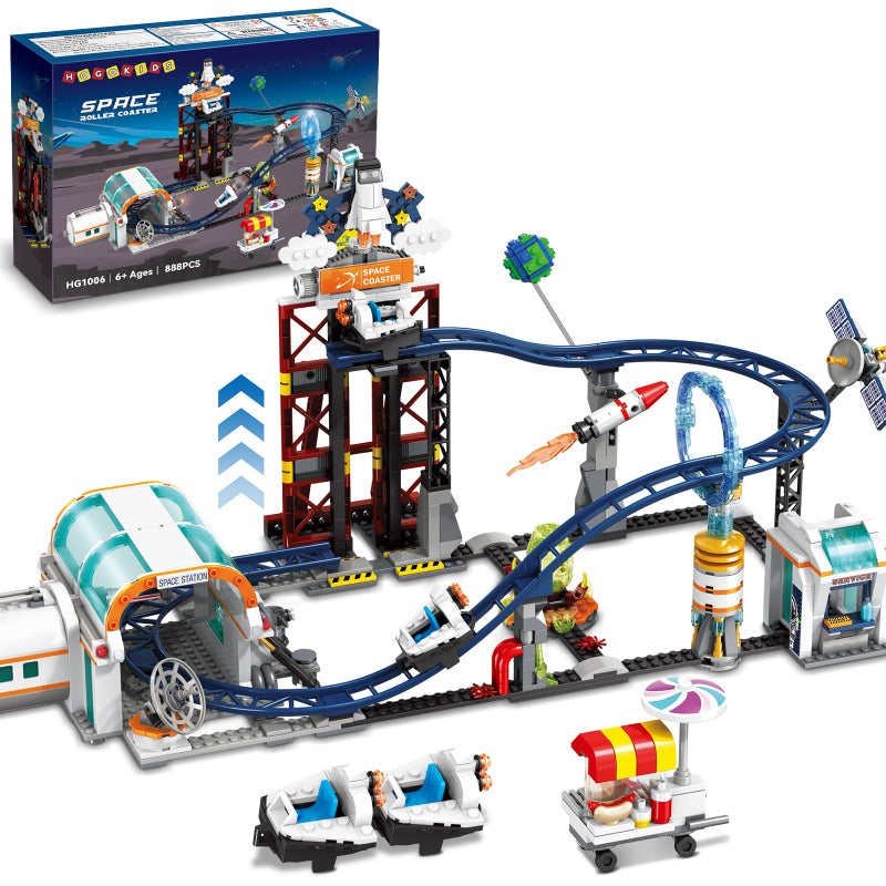 أطفال الهوغوز Hogokids Space Roller Coaster Building Toy - 888pcs Coaster Building Tet ميزات منصة رفع الأقمار الصناعية الصاروخ الصاروخ - Image 1