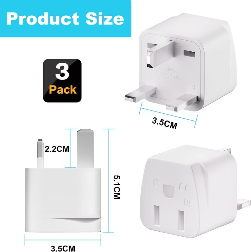 US to UK Plug Adapter 3 Pack, travel adapter 3 Pin UK Plug Adaptor Type G Grounded Plug Converter, Power Adapter for USA/UK Devices, White - Image 2