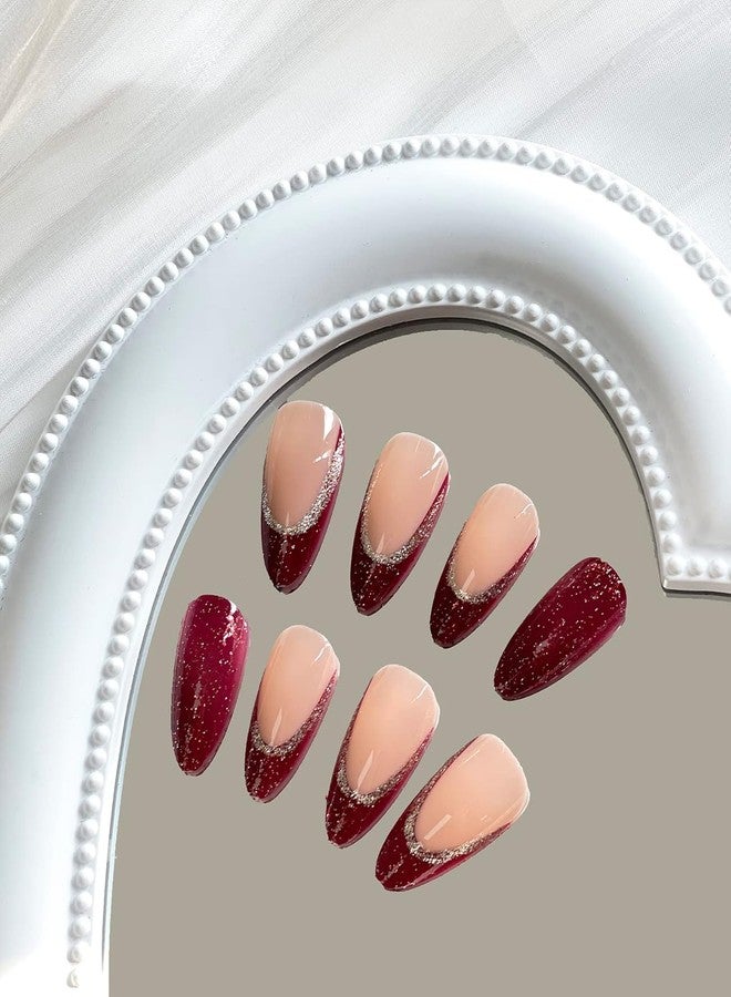 KAPO Red Almond Medium Fake Nails with Gold Shine Design, Full Cover, Reusable, Artificial Acrylic Glossy False Nails Set - 24 Pcs - Image 3