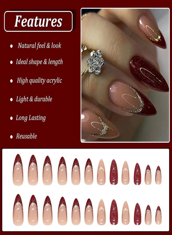 KAPO Red Almond Medium Fake Nails with Gold Shine Design, Full Cover, Reusable, Artificial Acrylic Glossy False Nails Set - 24 Pcs - Image 4
