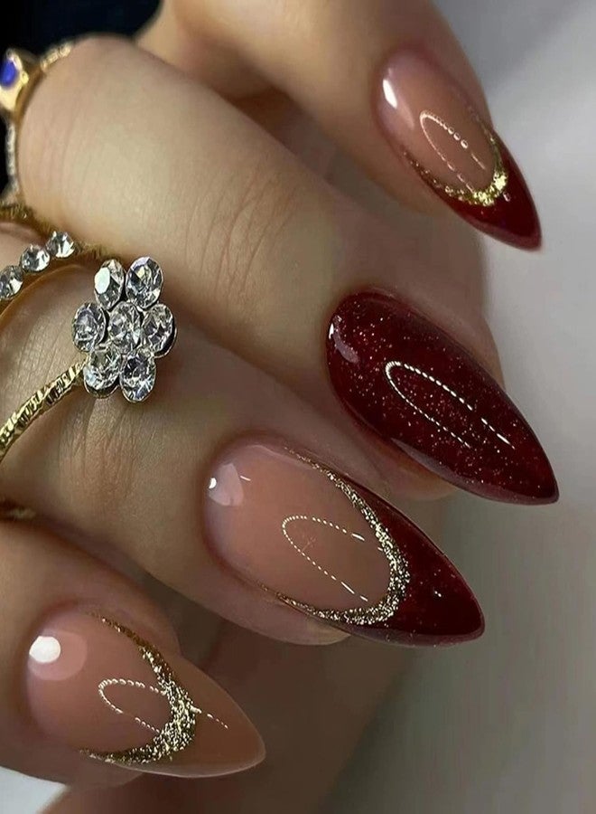 KAPO Red Almond Medium Fake Nails with Gold Shine Design, Full Cover, Reusable, Artificial Acrylic Glossy False Nails Set - 24 Pcs - Image 1