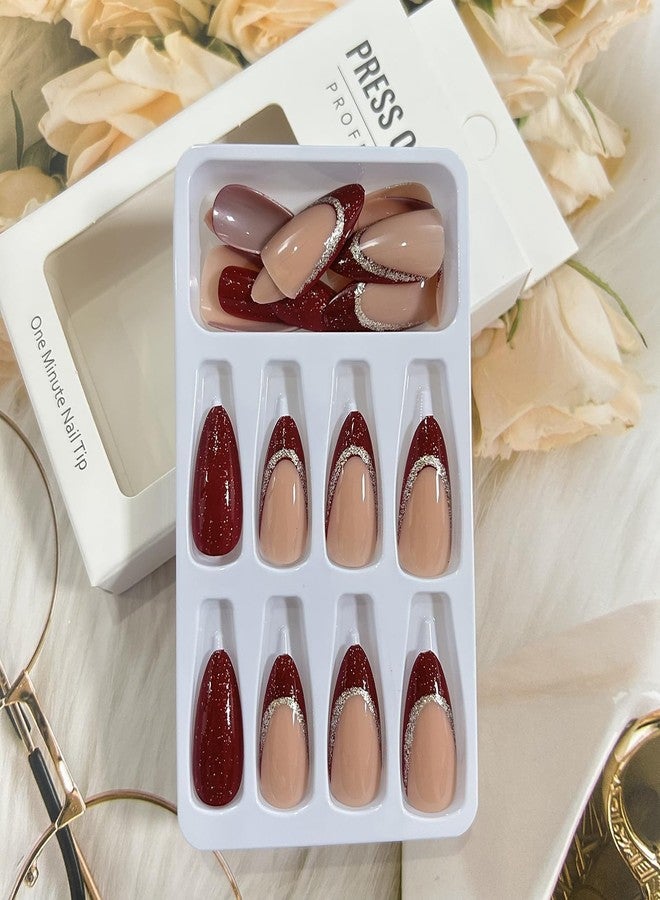 KAPO Red Almond Medium Fake Nails with Gold Shine Design, Full Cover, Reusable, Artificial Acrylic Glossy False Nails Set - 24 Pcs - Image 5