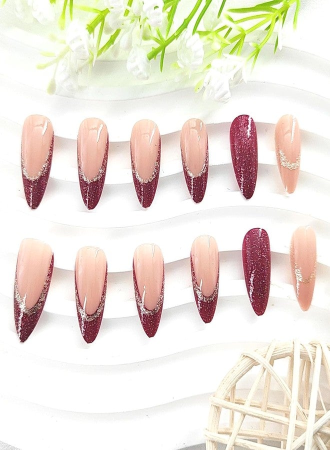 KAPO Red Almond Medium Fake Nails with Gold Shine Design, Full Cover, Reusable, Artificial Acrylic Glossy False Nails Set - 24 Pcs - Image 2