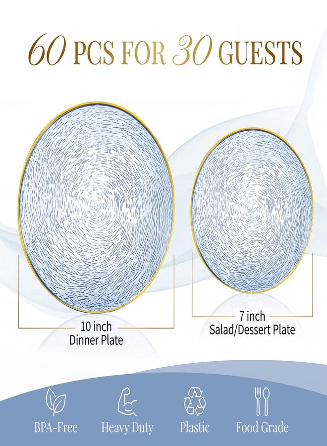 Liacere 60Pcs Blue Plastic Plates - Blue Disposable Plates With Gold Rim, Heavy-duty Gold Plates,Water ripples Party Plates Include 30 Dessert-Platos,30 Dinner-Platos for Party ＆ Wedding & Summer - Image 3