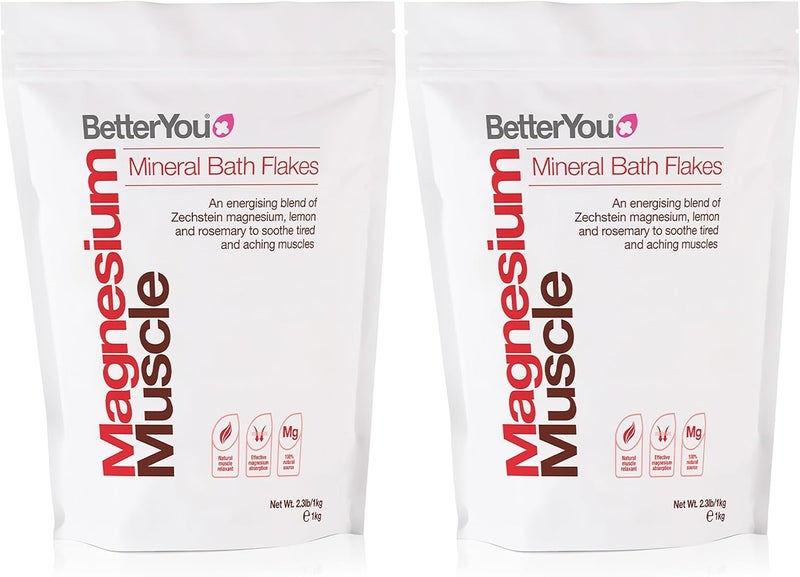 BetterYou Magnesium Muscle Mineral Bath Flakes Natural Source Magnesium Chloride Bath Flakes to Sooth Aching Muscles Sports Recovery Salts Vegan PalmOil Free 1kg Pack of 2