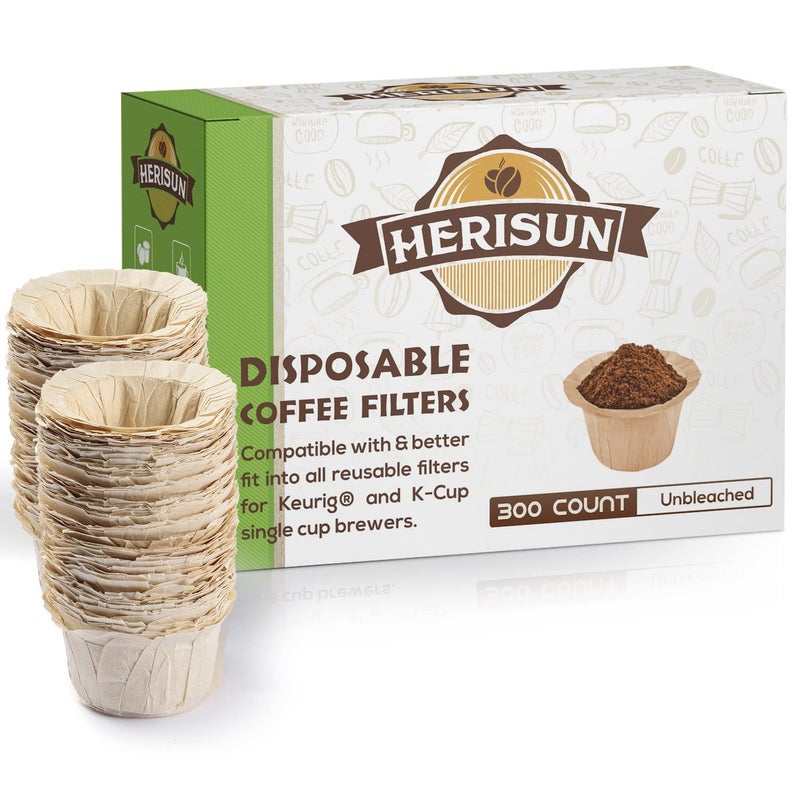 HERISUN 300 Count Disposable K Cup Filters Coffee Filter Paper for Keurig Brewers Single Serve 10 and 20 Use with Resusable K Cup Pods Unbleached Natural