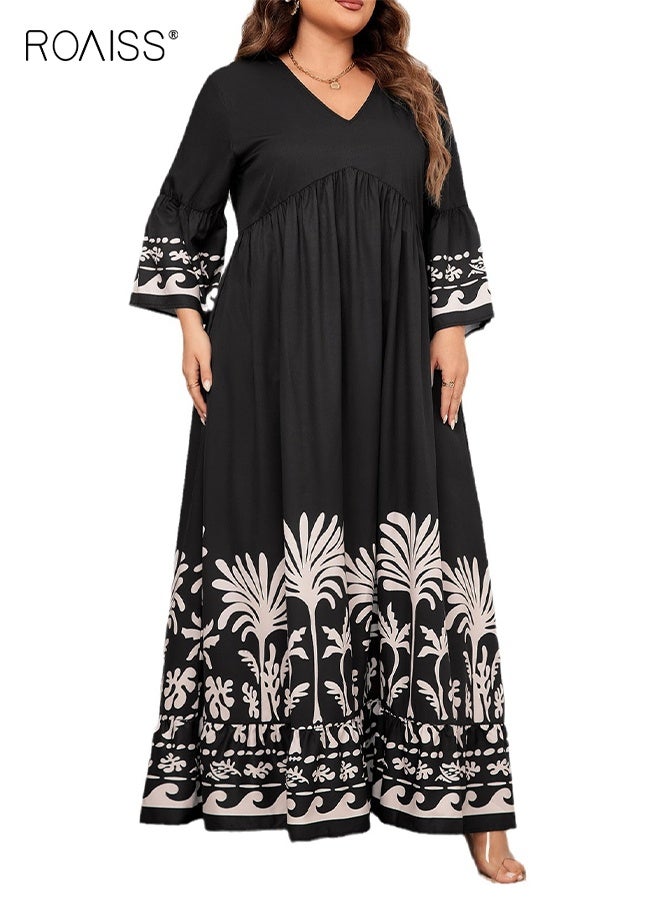 رويس فستان نسائي فضفاض بأكمام طويلة وفتحة رقبة على شكل حرف V أنيق مطبوع فستان ماكسي طويل للنساء على طراز بوهو فستان بنمط زهور - Image 4