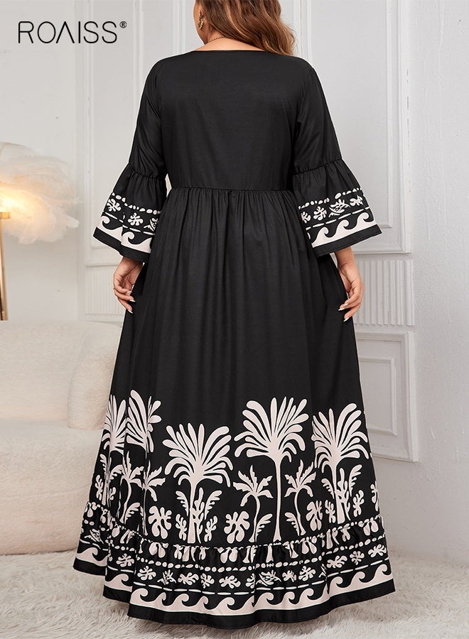 رويس فستان نسائي فضفاض بأكمام طويلة وفتحة رقبة على شكل حرف V أنيق مطبوع فستان ماكسي طويل للنساء على طراز بوهو فستان بنمط زهور - Image 2