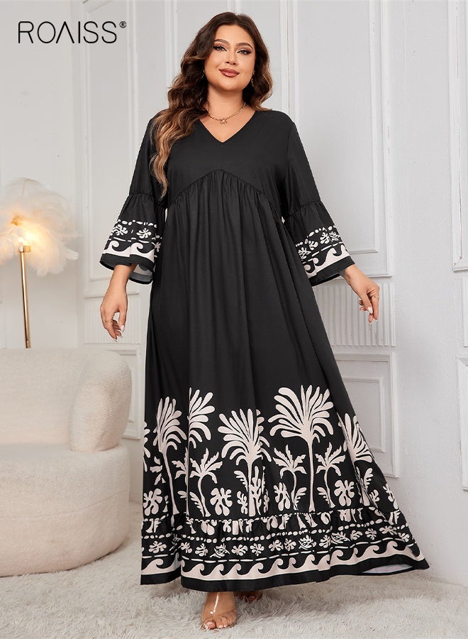 رويس فستان نسائي فضفاض بأكمام طويلة وفتحة رقبة على شكل حرف V أنيق مطبوع فستان ماكسي طويل للنساء على طراز بوهو فستان بنمط زهور - Image 5