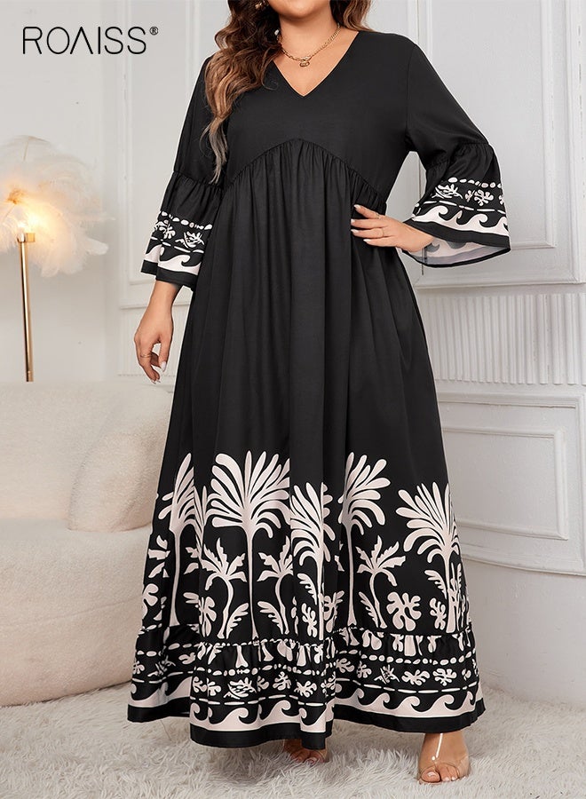 رويس فستان نسائي فضفاض بأكمام طويلة وفتحة رقبة على شكل حرف V أنيق مطبوع فستان ماكسي طويل للنساء على طراز بوهو فستان بنمط زهور - Image 3