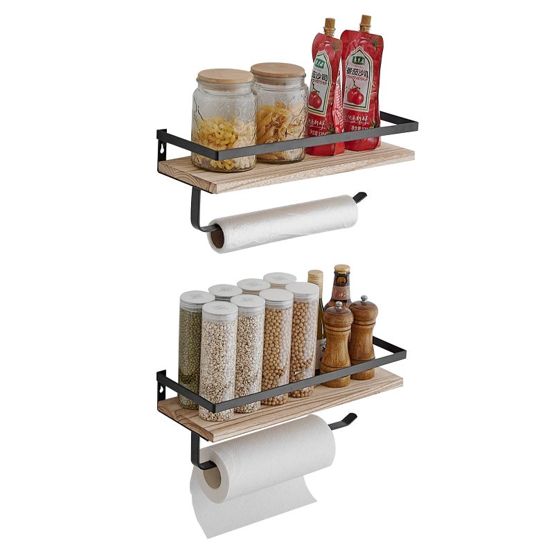 BESy BESy Floating Shelves Wall Mounted Storage Shelves with Towel Rack Rails Bar Paper Towel Holder with Shelf for Kitchen Bathroom Tissue Roll Hanger Matte Black Metal Frame Set of 2 Natural 