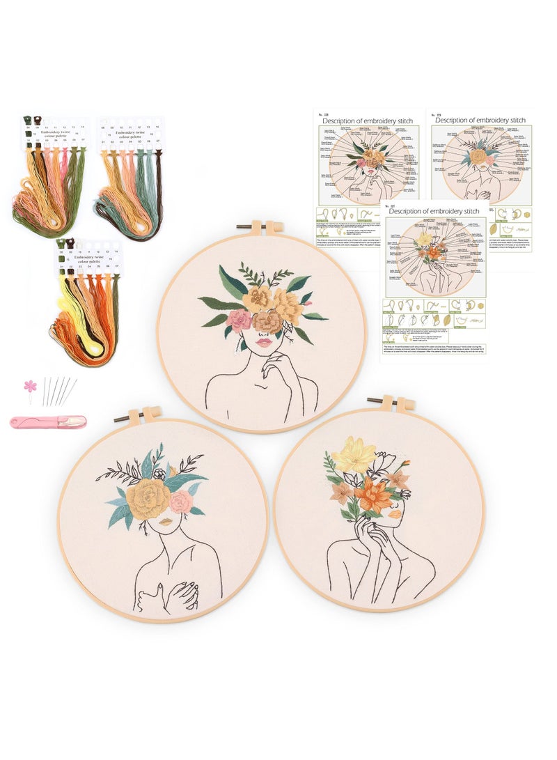 Generic Embroidery Kit, 3-Piece Beginner Cross Stitch Kit with Pattern and Instructions, Floral Botanical Print Embroidery Cloth, Colorful Thread and Embroidery Kit Embroidery Hoops  - Image 1