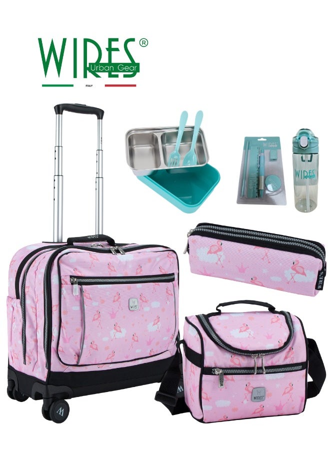 Wires 3 Piece Kids School Trolley Bag laptop compartment 8 Wheels With Lunch bag & Pencil Case  - Image 1