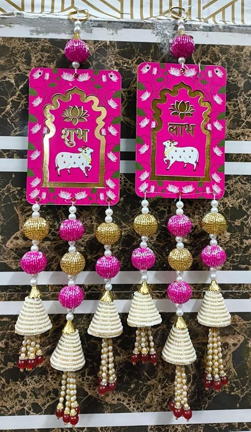 SP Sellplus Pichwai Cow Shubh Labh Hanging Decorative Wall Hanging with Beads Pack of 2 Pink