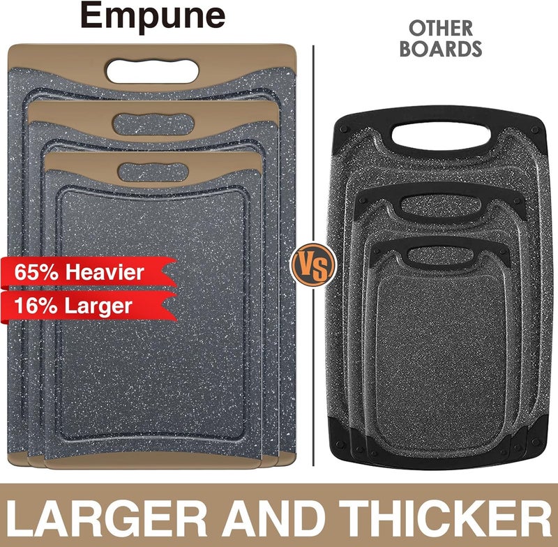 Empune Extra Large Cutting Boards, Plastic Cutting Boards for Kitchen (Set of 3) Cutting Board Set Dishwasher Chopping Board with Juice Grooves Easy-Grip Handles, Brown, - Image 2