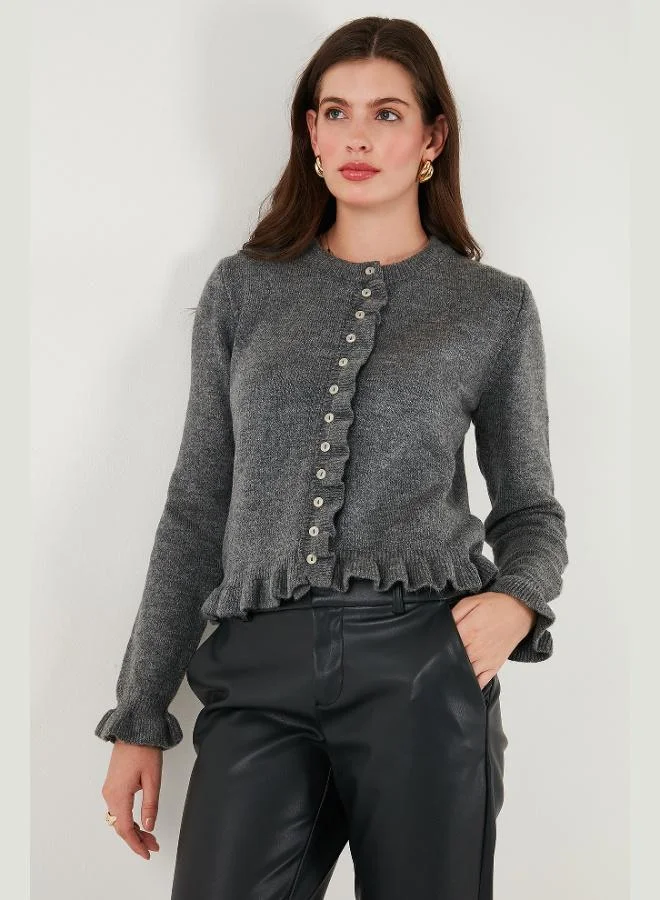 Lela Lela Premium Pleated Detailed Regular Fit Round Neck Knitwear Women's Cardigan 680HI00038