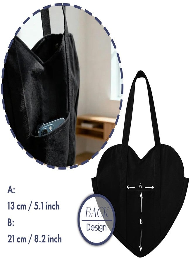 CosInStyle Cute Heart Shaped Canvas Tote Bag for Women, Daily Reusable Shoulder Grocery Shopping Bag with Pocket & Buckle, Black, One size - Image 3