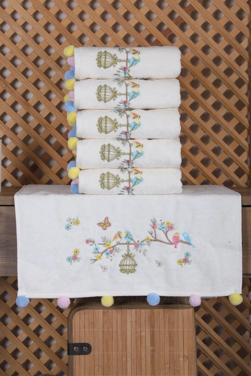 Mira Home Set of 6 Bird Embroidered Hand and Face Towel Set with Pompoms Gift Dowry Hand and Face Towel Set 50 x 90 cm