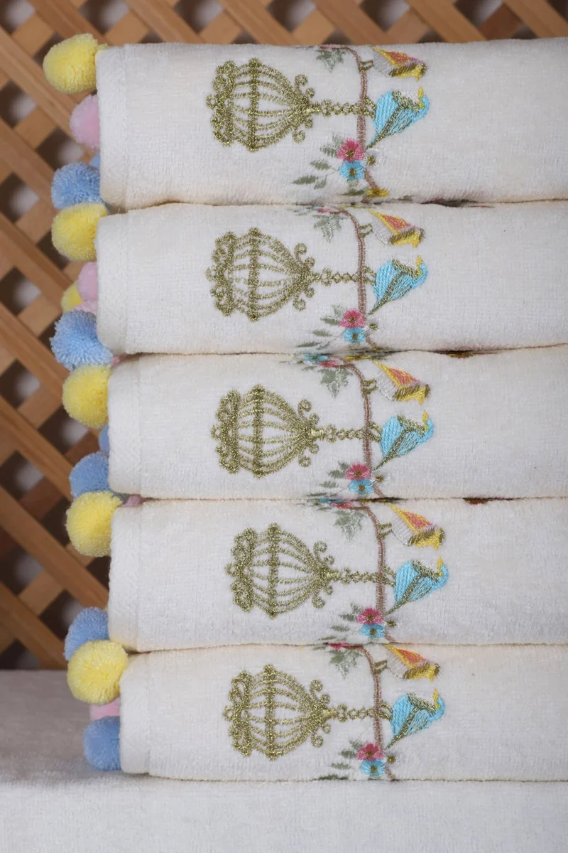 Mira Home Set of 6 Bird Embroidered Hand and Face Towel Set with Pompoms Gift Dowry Hand and Face Towel Set 50 x 90 cm