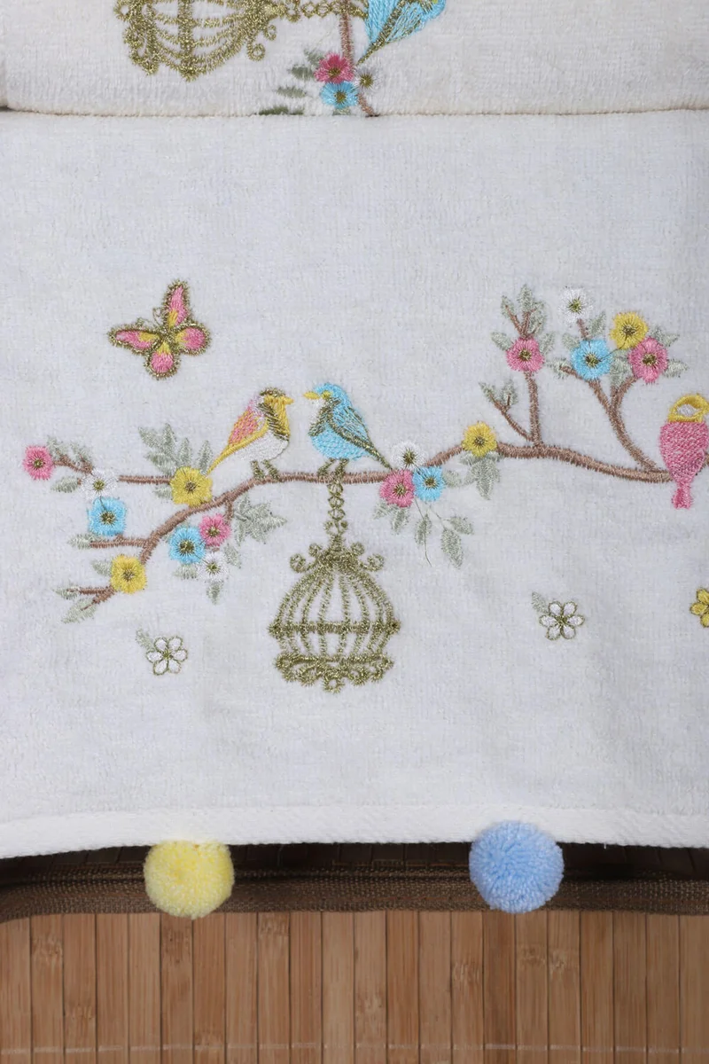 Mira Home Set of 6 Bird Embroidered Hand and Face Towel Set with Pompoms Gift Dowry Hand and Face Towel Set 50 x 90 cm