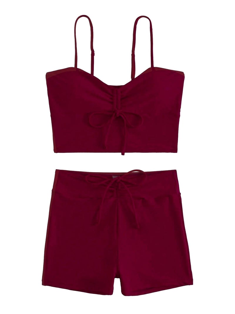 Lilosy High Waisted Tummy Control Drawstring Bikini Set String Swimsuit Cami Top and Tie Side Shorts 2 Piece Women Bathing Suit Burgundy Red Medium - Image 4