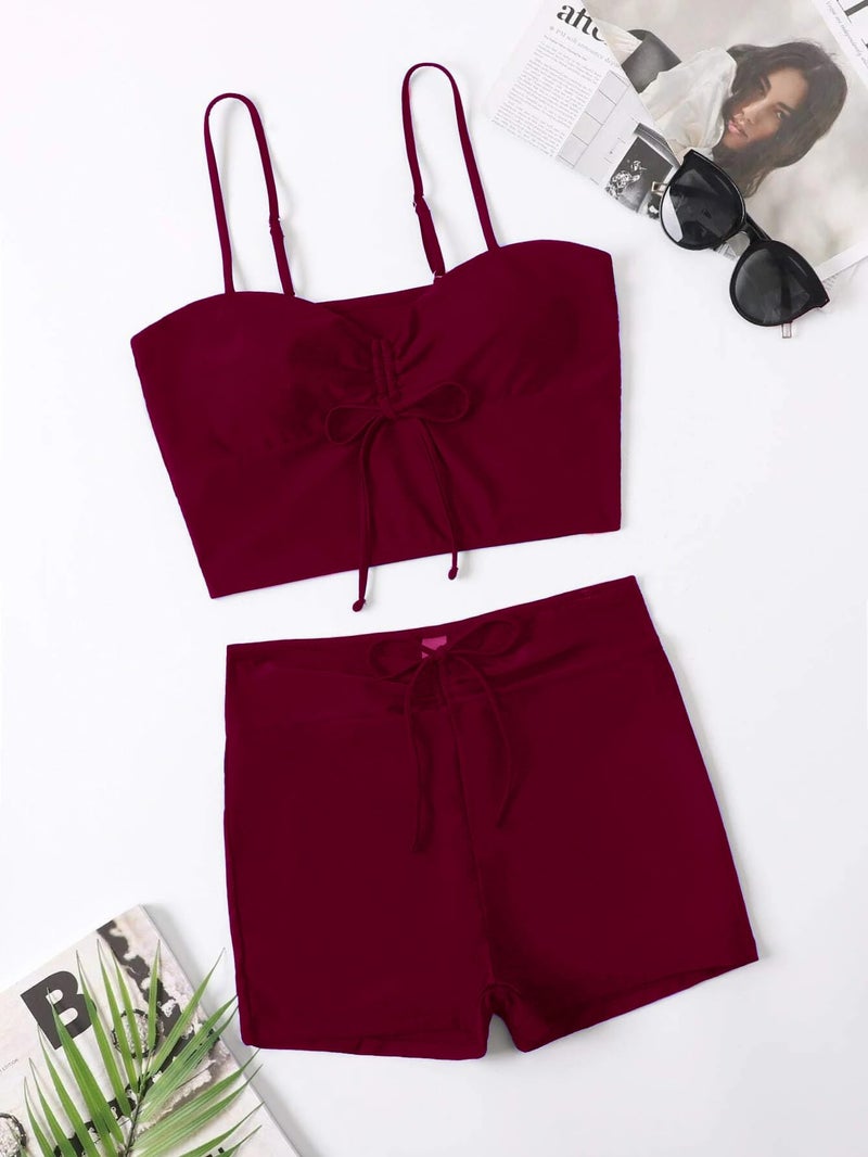 Lilosy High Waisted Tummy Control Drawstring Bikini Set String Swimsuit Cami Top and Tie Side Shorts 2 Piece Women Bathing Suit Burgundy Red Medium - Image 3