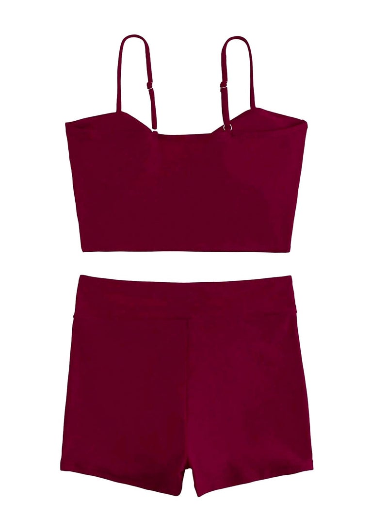 Lilosy High Waisted Tummy Control Drawstring Bikini Set String Swimsuit Cami Top and Tie Side Shorts 2 Piece Women Bathing Suit Burgundy Red Medium - Image 5