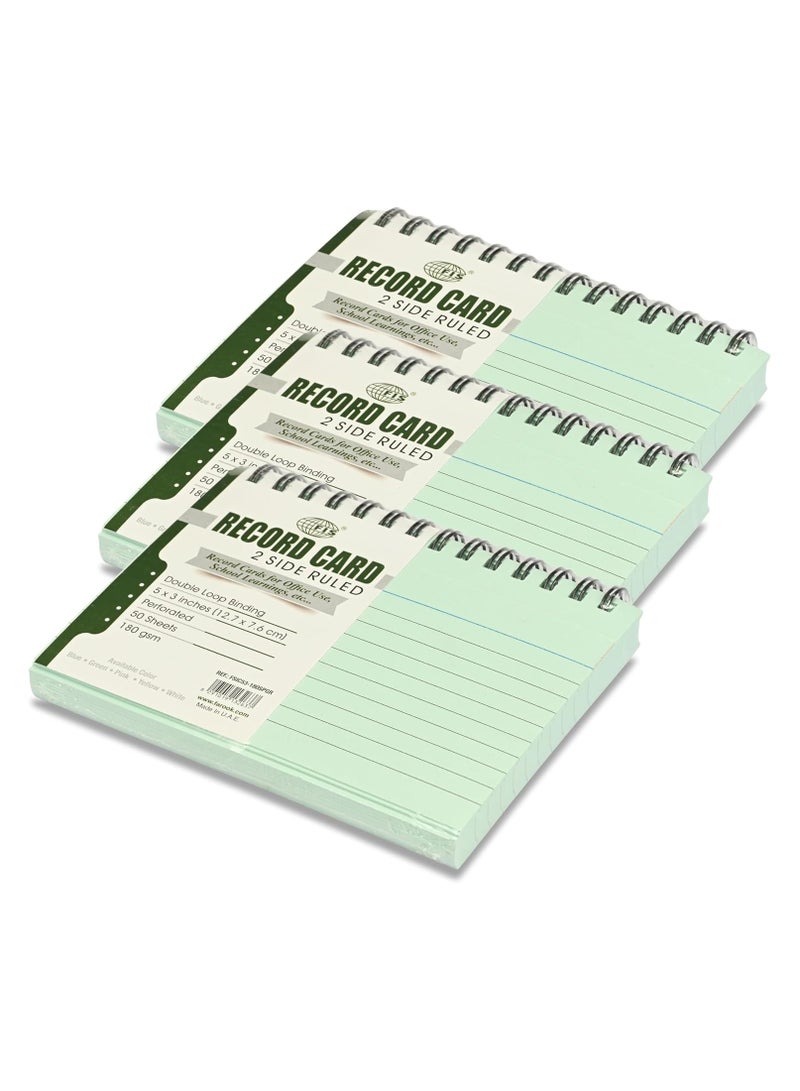 FIS® Ruled Record Cards, Size:5"x3" Inches (127x76mm), Double Loop Spiral Binding, Two Sides Single Ruled, 180gsm, Perforated, 50 Sheets Per Pad, Packet of 3 Pieces, Green Color-FSIC53-180SPGR-3 - Image 1