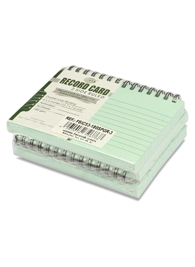 FIS® Ruled Record Cards, Size:5"x3" Inches (127x76mm), Double Loop Spiral Binding, Two Sides Single Ruled, 180gsm, Perforated, 50 Sheets Per Pad, Packet of 3 Pieces, Green Color-FSIC53-180SPGR-3 - Image 4