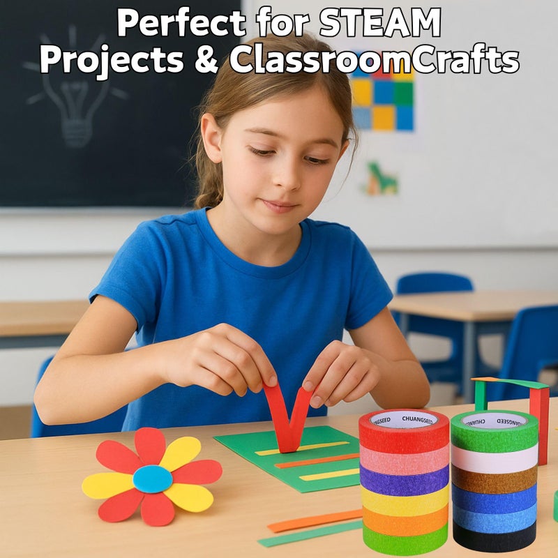 CHUANGSEED 12 Rolls Bulk Colored Masking Tape Set for Kids-Rainbow Colors 1 inch x 1080ft (360yards) Decorative Painters Tape for DIY Labeling, School Classroom Projects, Colorful Paper Decoration Arts Crafts - Image 4
