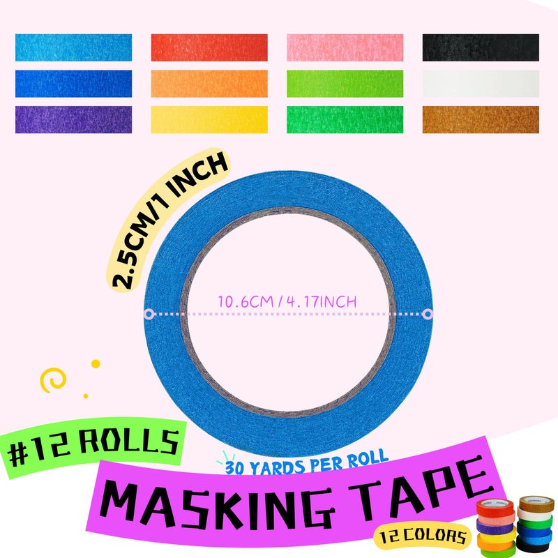 CHUANGSEED 12 Rolls Bulk Colored Masking Tape Set for Kids-Rainbow Colors 1 inch x 1080ft (360yards) Decorative Painters Tape for DIY Labeling, School Classroom Projects, Colorful Paper Decoration Arts Crafts - Image 2
