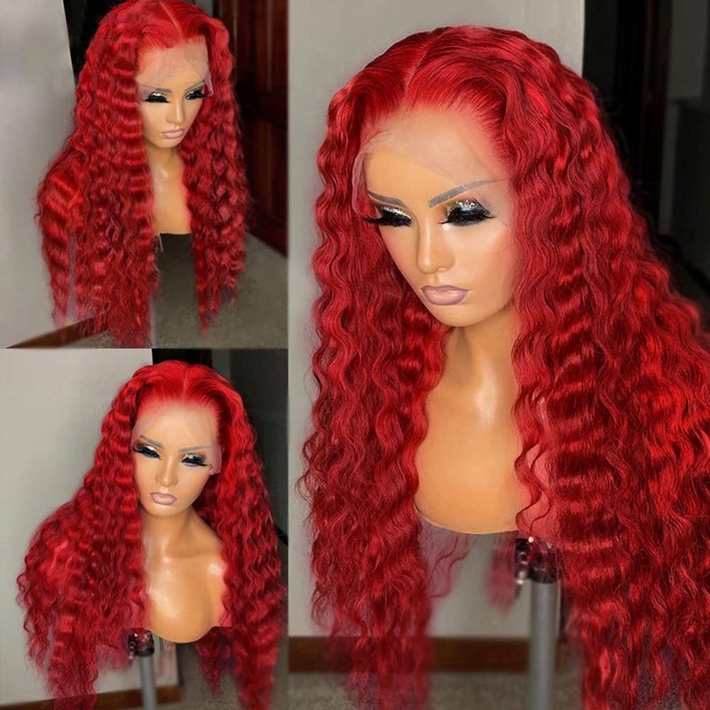 JYZ Hair Lace Front Wigs Human Hair 180 Density 13X4 Hot Red Curly Wigs for Black Women Brazilin Virgin Hair Transparent HD Lace Front Wigs Human Hair Pre Plucked with Baby Hair Middle Part 22 Inch