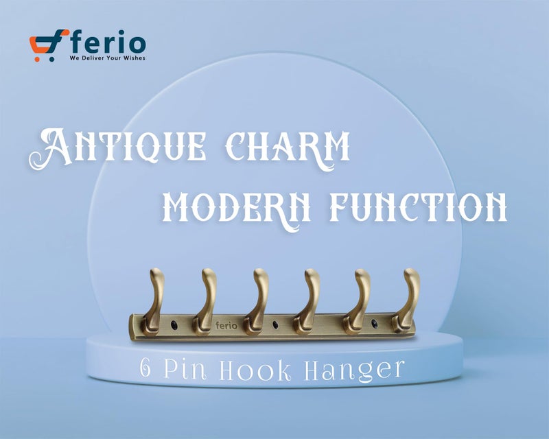 FERIO Zinc 6 Pin Hook Cloth Hanger Door Wall Hooks Rail for Hanging Clothes, Bathroom Cloth Hooks Hanger Door Wall Bedroom Bathroom Robe Hook (Pack of 2, Brass Antique, 6 Hook) - Image 5