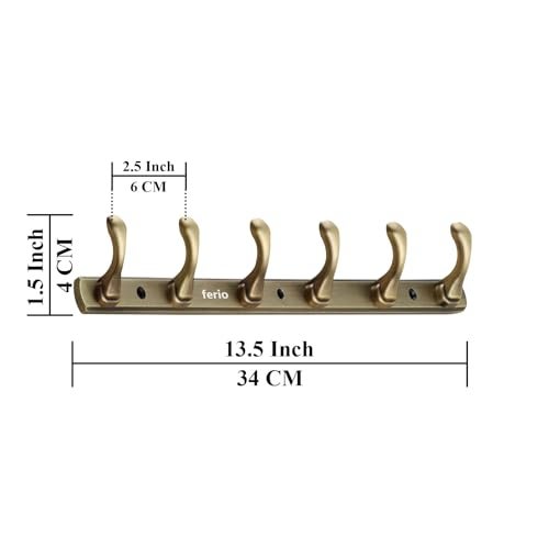 FERIO Zinc 6 Pin Hook Cloth Hanger Door Wall Hooks Rail for Hanging Clothes, Bathroom Cloth Hooks Hanger Door Wall Bedroom Bathroom Robe Hook (Pack of 2, Brass Antique, 6 Hook) - Image 2