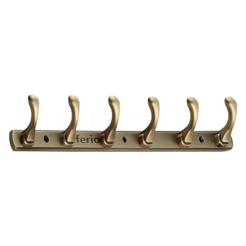 FERIO Zinc 6 Pin Hook Cloth Hanger Door Wall Hooks Rail for Hanging Clothes, Bathroom Cloth Hooks Hanger Door Wall Bedroom Bathroom Robe Hook (Pack of 2, Brass Antique, 6 Hook) - Image 3