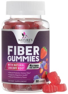 Nature's Nutrition Fiber Supplement Gummies for Digestive Health & Regularity Support, Fiber 4g Gummy for Adults, Daily Prebiotic Supplements, Natural Prebiotic Fiber Gummy, Plant Based, Strawberry Flavored - 60 Gummies  - Image 1