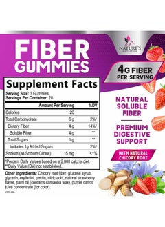 Nature's Nutrition Fiber Supplement Gummies for Digestive Health & Regularity Support, Fiber 4g Gummy for Adults, Daily Prebiotic Supplements, Natural Prebiotic Fiber Gummy, Plant Based, Strawberry Flavored - 60 Gummies  - Image 2