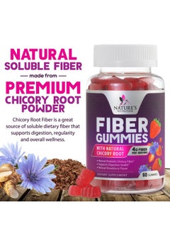 Nature's Nutrition Fiber Supplement Gummies for Digestive Health & Regularity Support, Fiber 4g Gummy for Adults, Daily Prebiotic Supplements, Natural Prebiotic Fiber Gummy, Plant Based, Strawberry Flavored - 60 Gummies  - Image 3