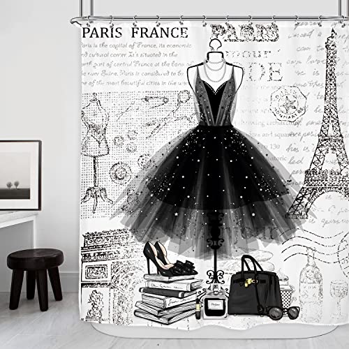 Riyidecor Fashion Girly Dresses Shower Curtain 60Wx72H Inch Black White Eiffel Tower Paris Perfume Modern Girls Women High Heels Makeup Bathroom Decor Fabric Polyester Waterproof 12 Pack Hooks